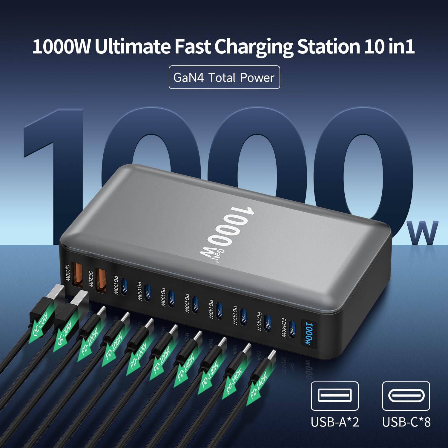 Famous Tech Shop 1000W 11-Port USB Charging Station Hub with 240W USB-C Cable, Stand, Power Cord, Protection for MacBook, Samsung Galaxy