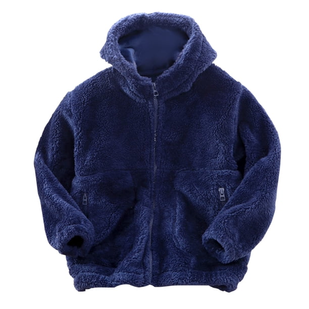 Gibobby Chamarra acolchada para niñasNiños pequeños niños niñas manga larga invierno Color sólido polar con cremallera Sudadera con capucha chaqueta espe(Marina, 11-12 Años)