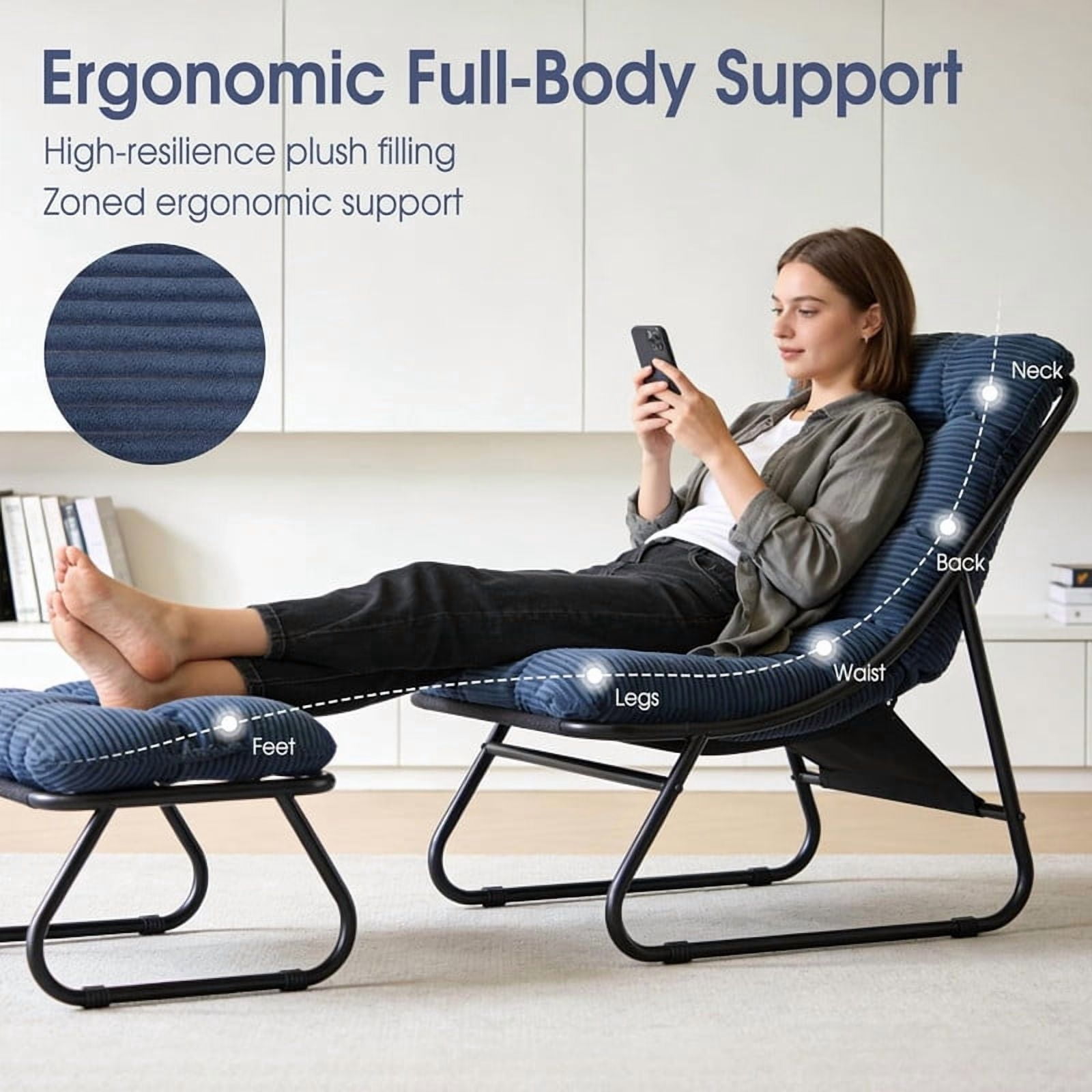 Modern Patio Lounge Chair with Ottoman, Comfy Sling Recliner Chair with Puffy Cushion and Foot Stool for Indoor Outdoor Living Room