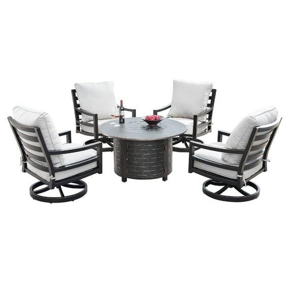 Aluminum 44-in Round Patio Fire Table Set with Swivel Rocking Chairs