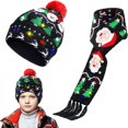 thumbnail image 3 of Conjunto de gorro y bufanda para niños, gorro de Navidad LED, copo de nieve, Papá Noel, alce, estampado de árbol de Navidad, gorro de invierno, bufanda festiva con borlas de Año Nuevo, conjunto de gor, 3 of 4