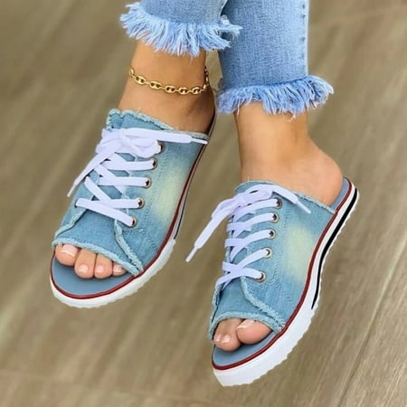 

Miayilima Light Blue 39 Sandals Women Walk Sports Casual Shoes Lace-Up Comfy Classic Canvas Slip-On Sandals