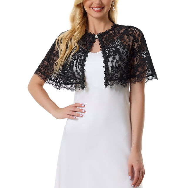 Unique Bargains Cape en Dentelle pour Femmes Robe de Soirée Boléro de Mariage Châles Noir S