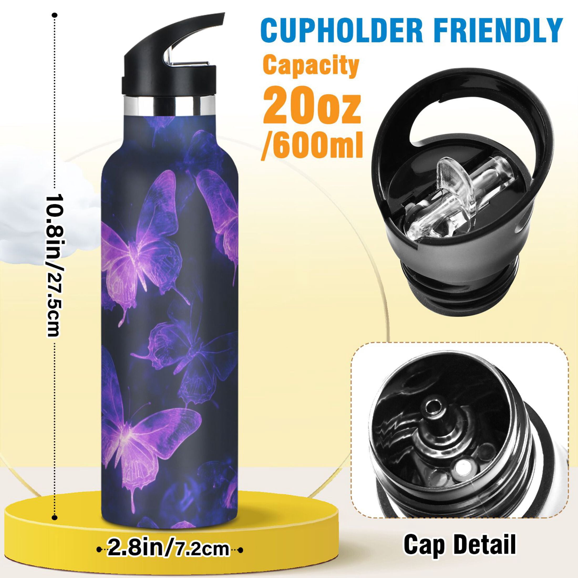 Kids Insulated Stainless Steel Sports Water Bottle 600ml (20oz) Purple Glowing Butterflies