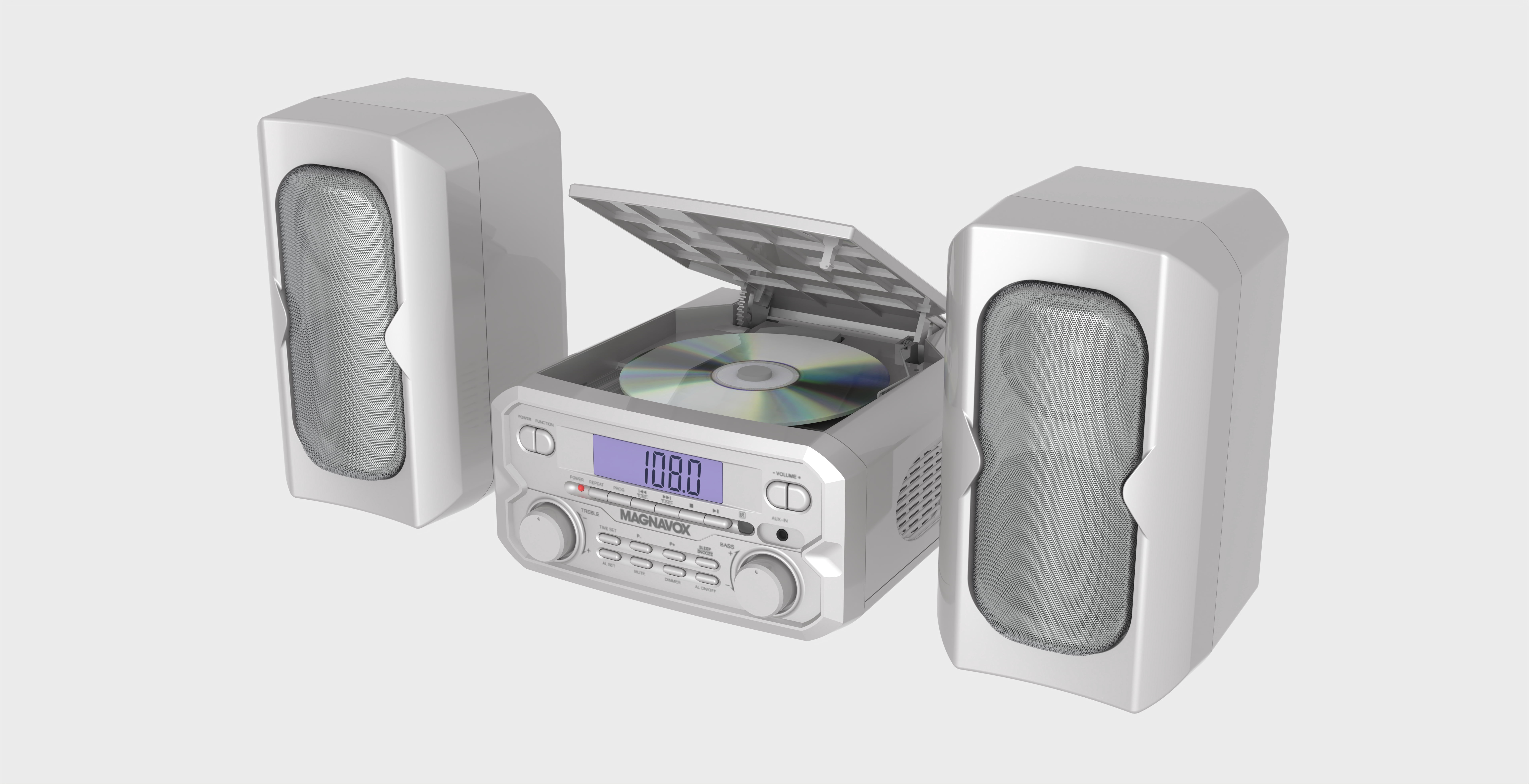 Magnavox Bluetooth 3-in-1 CD Shelf System with FM Stereo, Compact CD Player with Bluetooth Streaming, AUX Input, LCD Display, Top-Loading CD Player, Silver