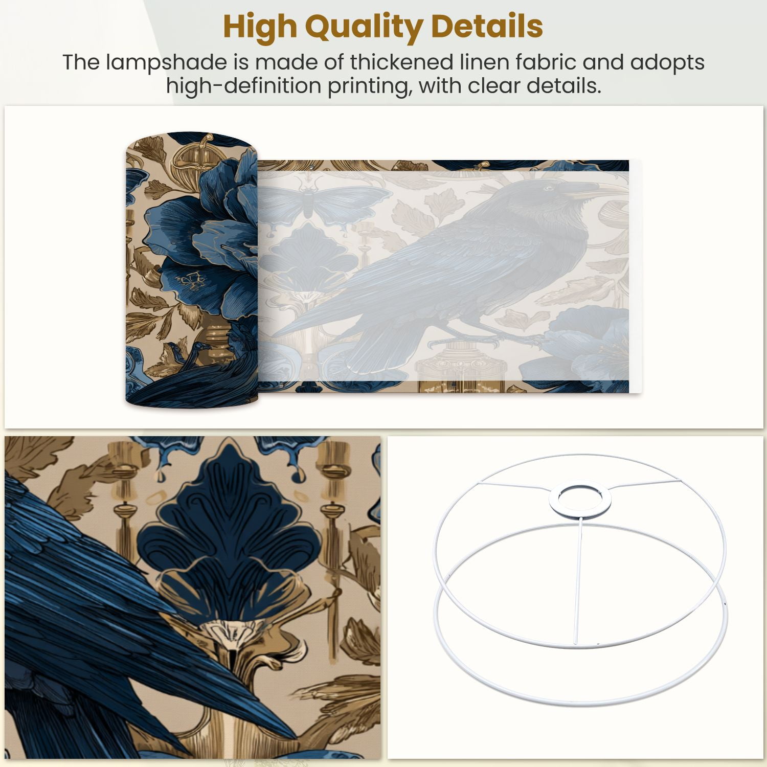 Lampshades 2 Pack Dark Floral Raven Butterfly Vintage Elements Blue Gold 13"x13"x10" Light Shade for Table Lamps Floor Lamps Drum Lamp Shades Lampshade Replacement Easy Assembly
