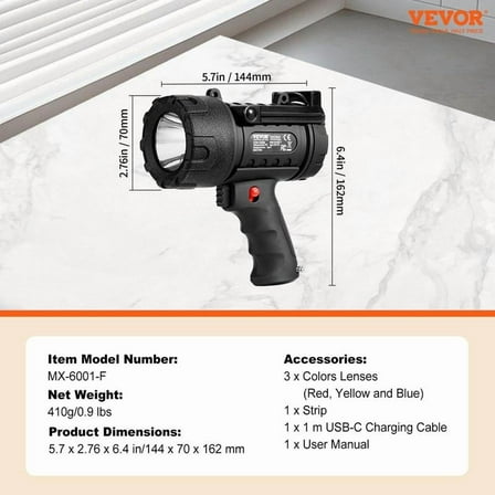 VEVOR Super Bright Rechargeable Spotlight Flashlight 1000 LM Searchlight