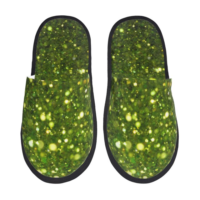Fotbe Green Glitter Sparkle Pantuflas Peludas para Mujer con Estampado, Zapatillas de Peluche, Zapatos de Invierno para Casa, Uso Interior y Exterior-Medium