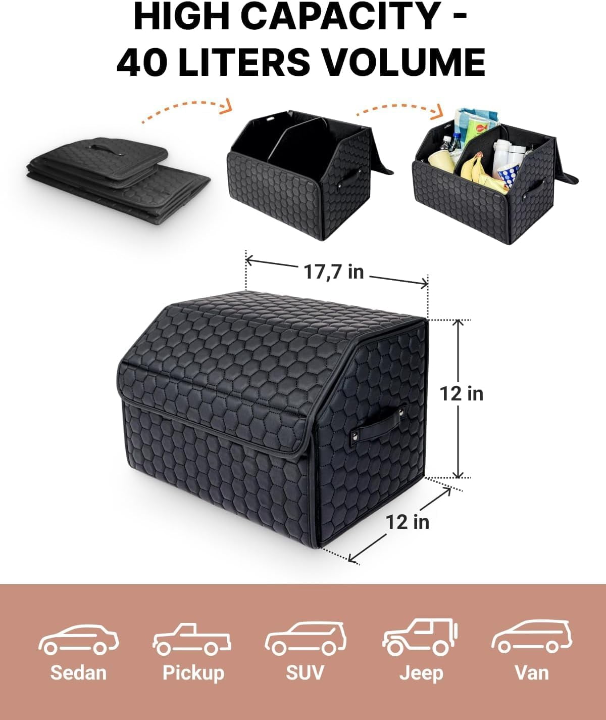 Owleys Trunk Organizer Eco-Leather Foldable Black with Lid 1 Piece 17.7"