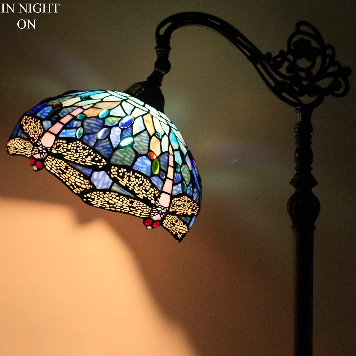 Tiffany Floor Lamp 64"Tall Industrial Pole Vintage Boho Blue Stained Glass Dragonfly Standing Corner Bright Reading Light LED Arched Gooseneck Adjustable Living Room Kids Bedroom Farmhouse