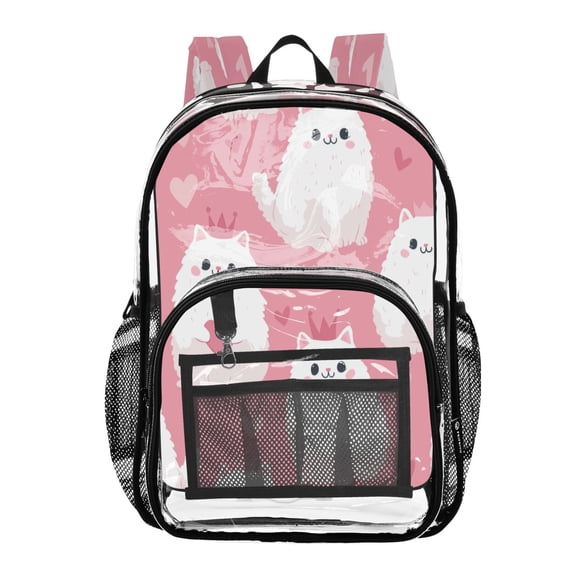 Clear PVC Backpack 12L Transparent Shoulder Bag with Mesh Pockets Charming Cute White Cats