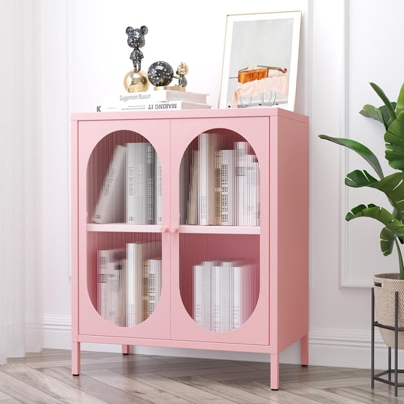 Small 2 Transparent Door Metal Storage Side Buffet Cabinet for Bed Room,Living Room,Entryway,Hallway,Home,Hotel,Office,Garage,Kitchen,1 Removable Shelf. (Transparent Door, Pink)
