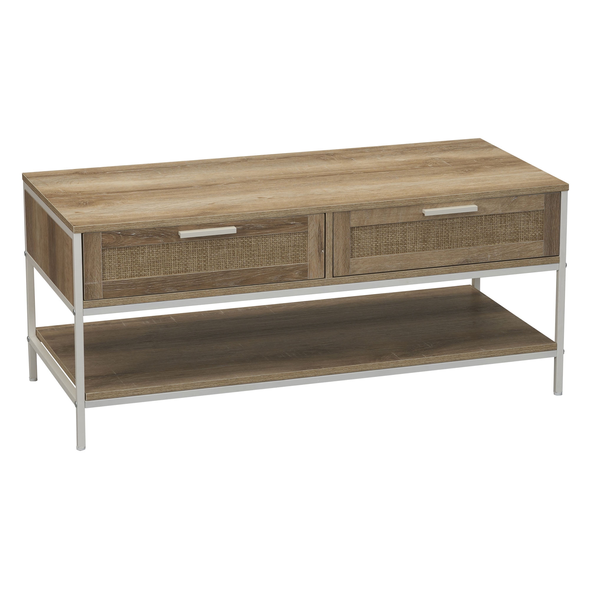 Household Essentials Bungalow Rectangular Coffee Table with Storage Shelf and 2 Drawers Coastal Oak Rustic Wood Grain Woven Front and White Metal