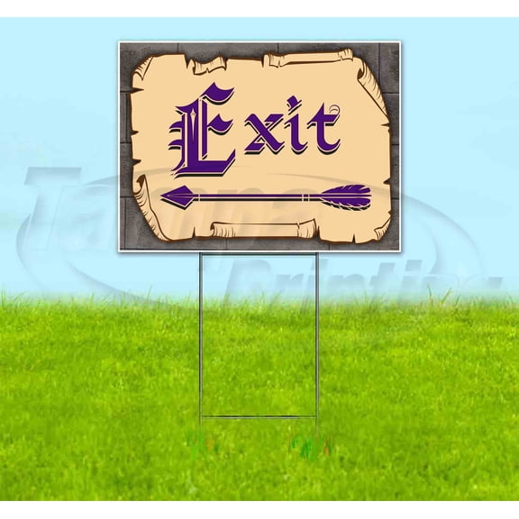 Medieval Fair Exit Left Arrow Purple Scroll (18" X 24") Yard Sign, Includes Metal Step Stake