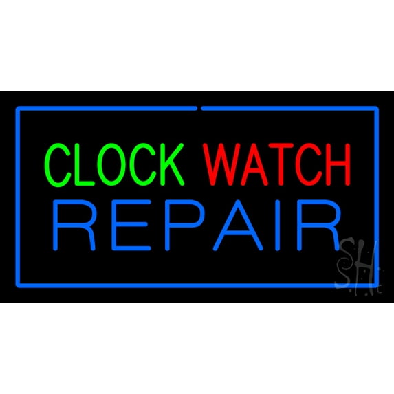 Clock Watch Repair Blue Border LED Neon Sign 13 x 24 - inches, Clear Edge Cut Acrylic Backing, with Dimmer - Bright and Premium built indoor LED Neon Sign for Computer & Electronics store decor.