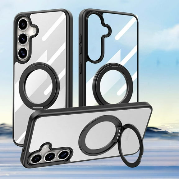 For Samsung Galaxy S25  Phone Case,Crystal Clear Designing,With Magnetic 360° Rotatable Ring Kickstand,Shockproof Anti-fall Rugged Transparent Thin Fit Phone Case Cover,Black