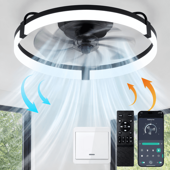 Ceiling Fan with Light and Remote & APP, 20" Low Profile Ceiling Fan, 3 Color Flush Mount Dimmable LED Fan Light, Reversible 6 Wind Speeds, Timing Setting Fan for Bedroom