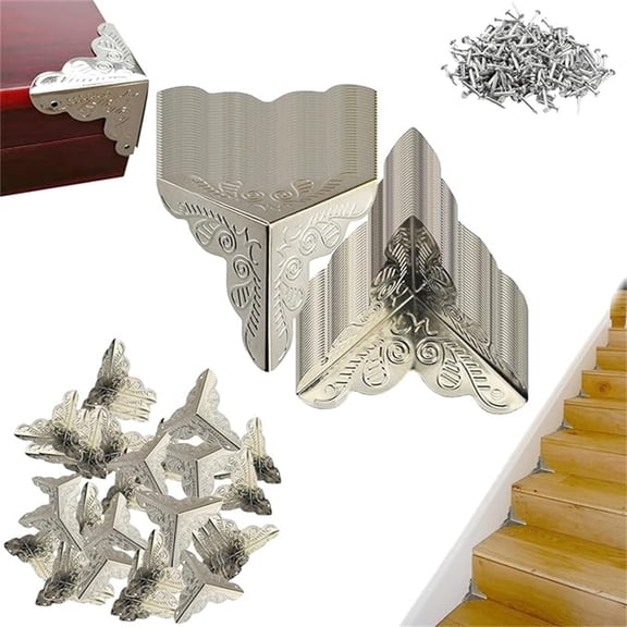 Stair Corner Guards, Vintage Metal Stair Corners, 100PCS Antique Decorative Edge Protectors With Screws For Wooden Steps Furniture, Silver