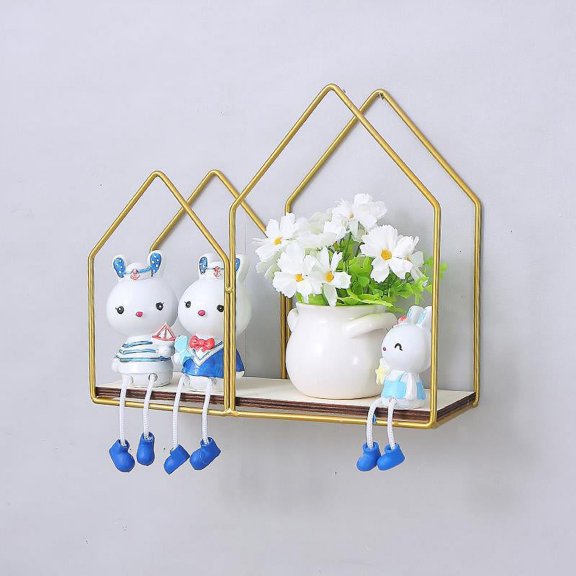 Metal Storage Shelf, House Shape Wall Decorative Shelf Toy Display Shelf, Gold