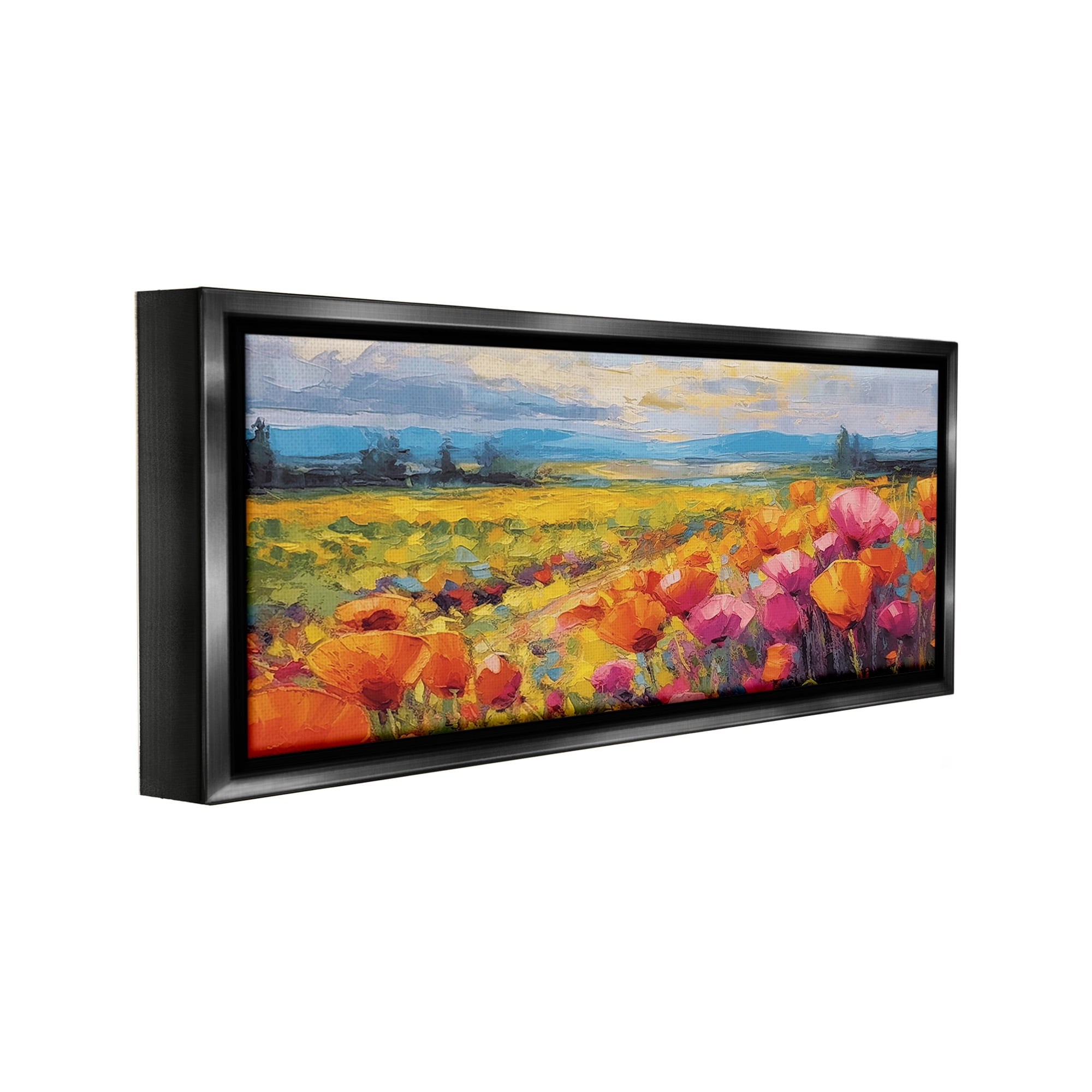 Stupell Industries Bright Tulips Landscape Landscape Painting Black Floater Framed Canvas Art Print Wall Art, 31 x 14