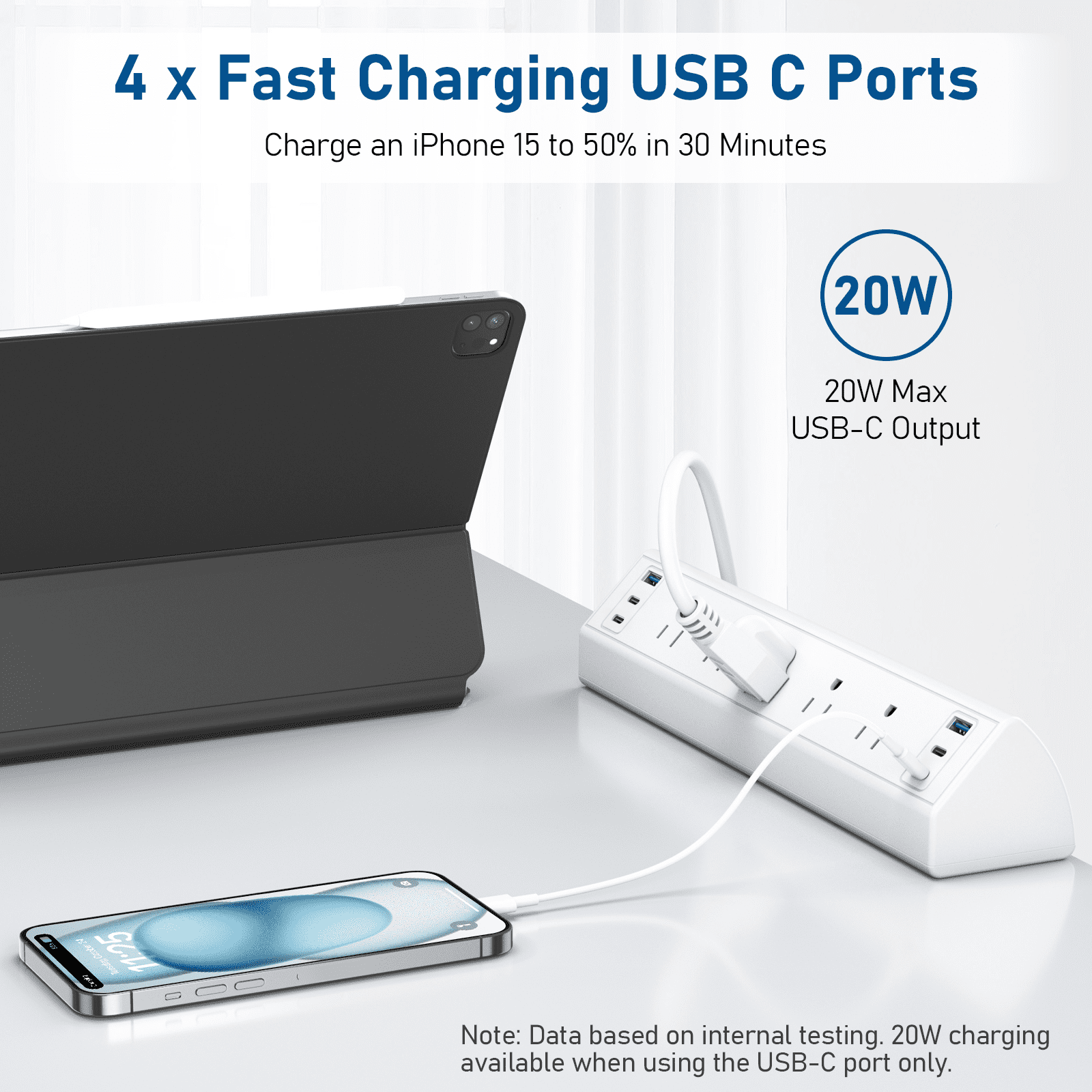 VILONG Desk Clamp Power Strip with USB-C & USB-A Ports–Desktop Edge Mount Surge Protector Power Strip with 5 Outlets–Clamp-on Desk Mounted Power Station for Office Standing Desk,White