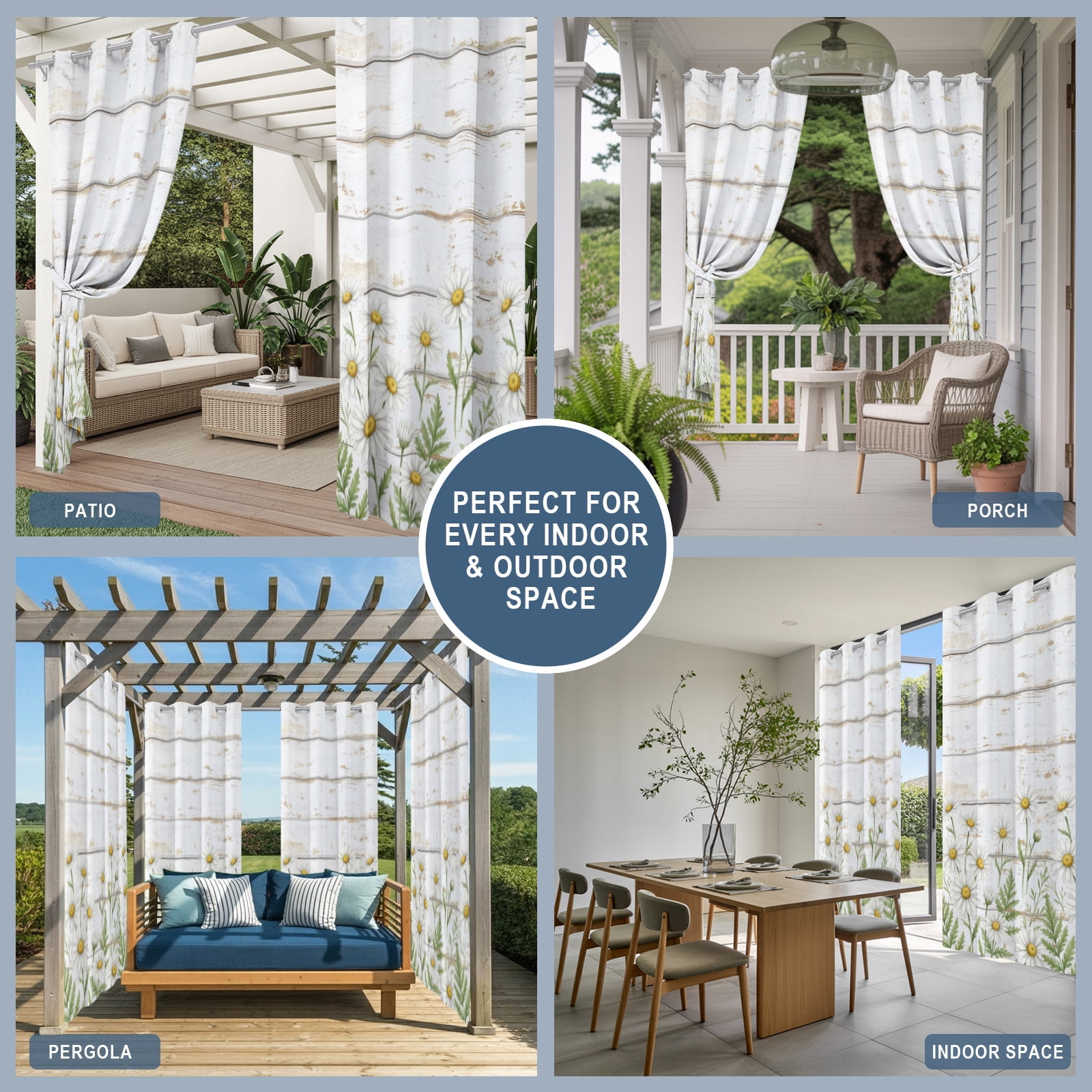 Spring Daisy Outdoor Curtains for Patio, Rustic Wildflower White Wood Striped Botanical Sunshade Privacy Drapes Grommet Waterproof Outside Curtains for Porch/Cabana/Balcony 54"x 108", 1 Panel
