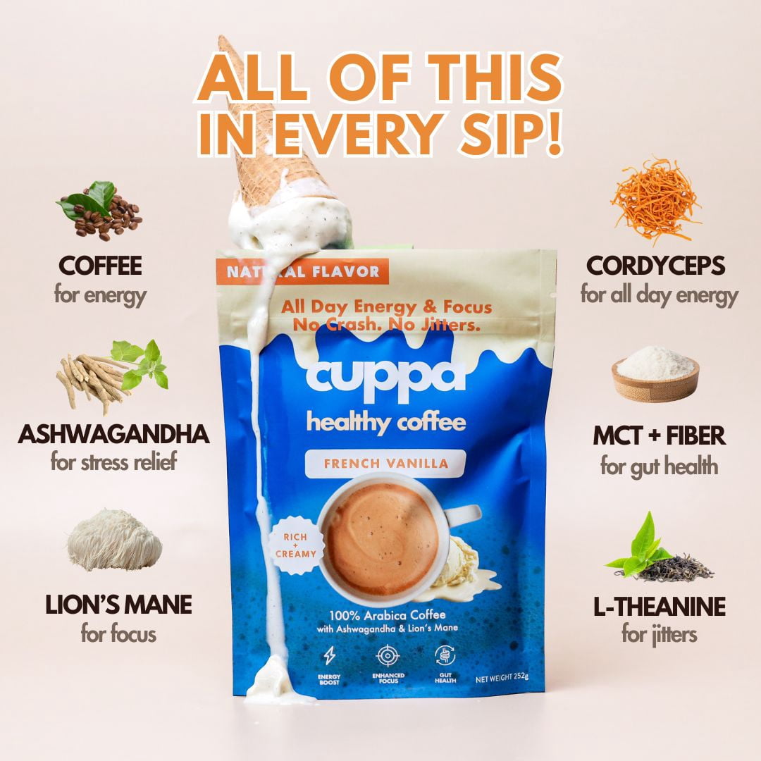 Cuppa French Vanilla Healthy Mushroom Insant Coffee with Lion's Mane & Ashwagandha for All Day Energy & Focus - No Crash or Jitters (60 Servings)
