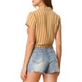thumbnail image 4 of MODA NOVA Juniors Stripe Button up Short Sleeve Tie Front Short Shirts Brown M, 4 of 6