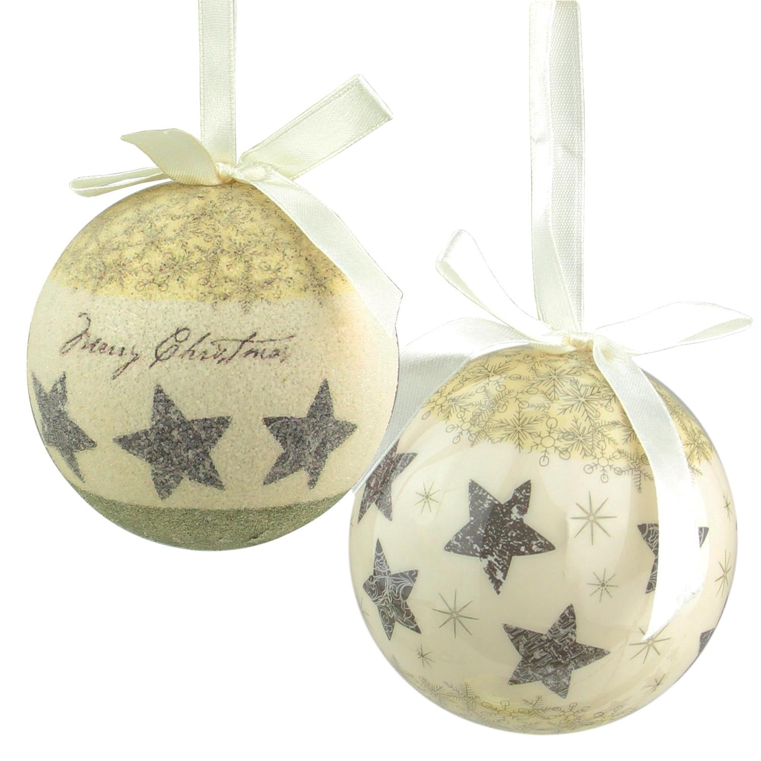 6Piece Cream White Merry Christmas and Stars Decoupage Shatterproof Ball Ornament Set 2.75