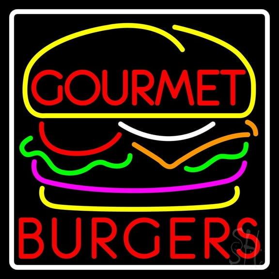 Gourmet Burgers With Border LED Neon Sign 24 x 24 - inches, Black Square Cut Acrylic Backing, with Dimmer - Bright and Premium built indoor LED Neon Sign for restaurant window and interior decor.