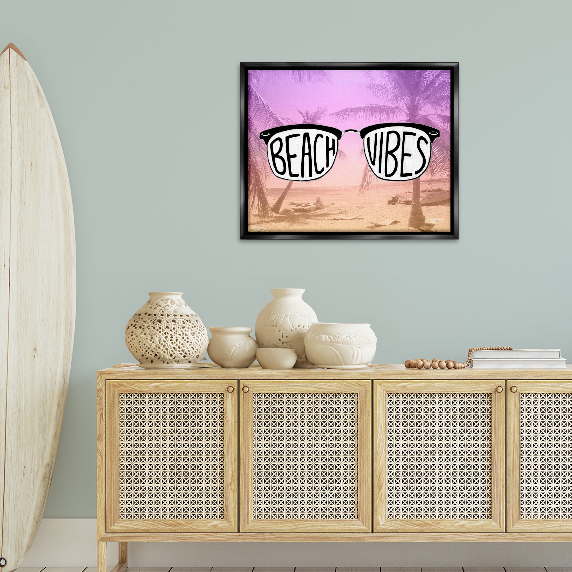 Stupell Industries Tropical Beach Vibes Typography Painting Black Floater Framed Canvas Art Print Wall Art, 31 x 25