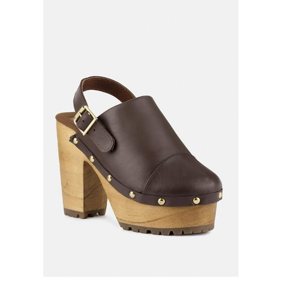 ALONA Brown Slingback High Block Heeled Clogs