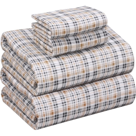 RUVANTI 100% Cotton Flannel Sheet Set, California King Size, 4 Piece, Double Brushed Ultra Soft, Warm & Cozy, Deep Pocket, All Season Bedding, Sand Tartan