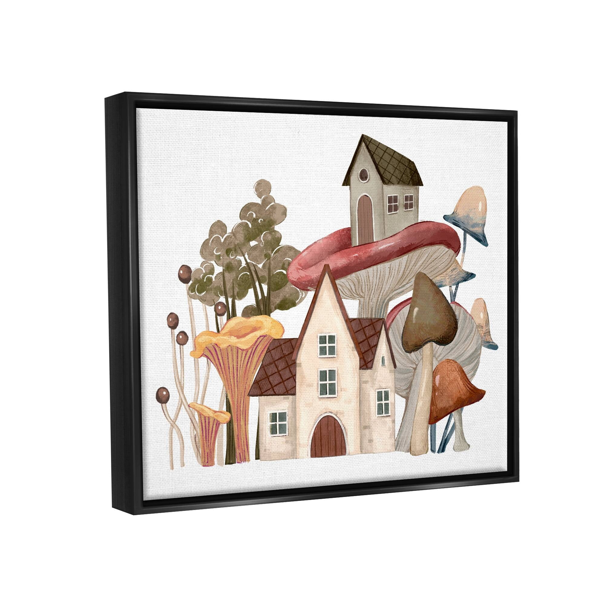 Stupell Industries Cozy Cottages Whimsical Mushroom Town Botanical Forest Painting Jet Black Floating Framed Canvas Print Wall Art, Design by Ziwei Li