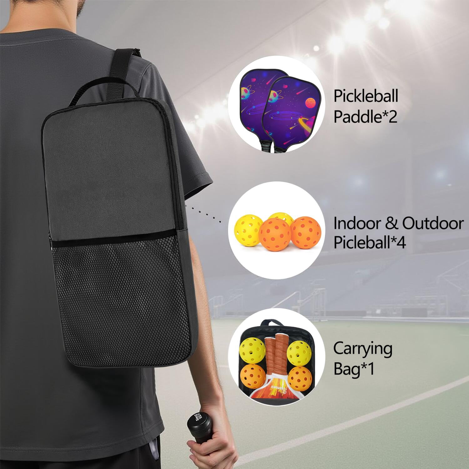 Pickleball Paddles Set Of 2, Fiberglass Surface, Galaxy Print, 4 Balls & Bag
