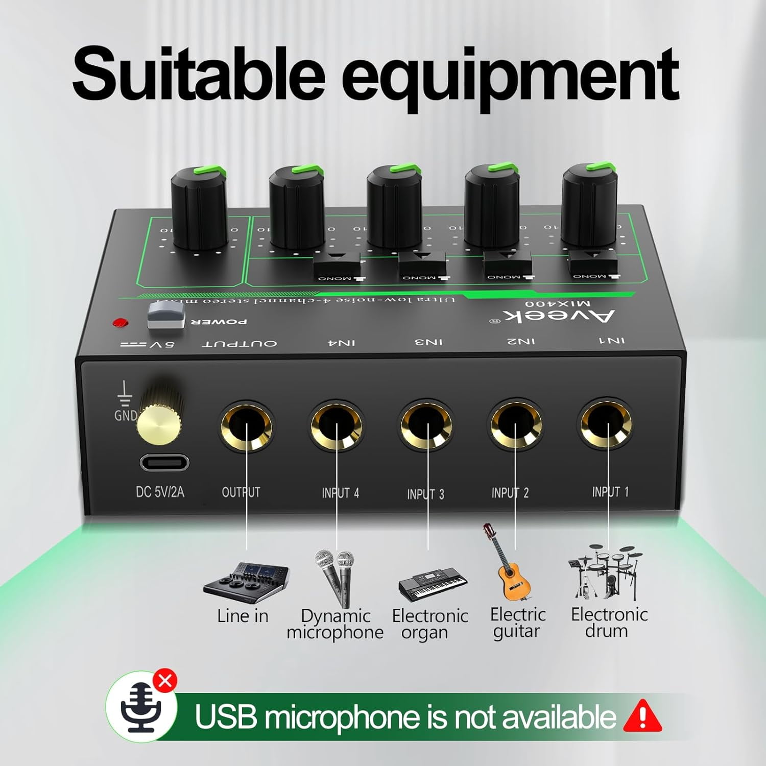 Aveek 4 Channel Mixer - Mini 4 Stereo Audio Mixer, Low-Noise for Precision Sub-Mixing,1/4" TRS Input/Output Ideal for Mics/Guitars/Bass/Stage