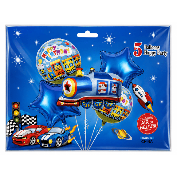 Train Theme Foil Balloon Set – 5 PCS Happy Birthday Party Decoration Balloons for Kids Celebration