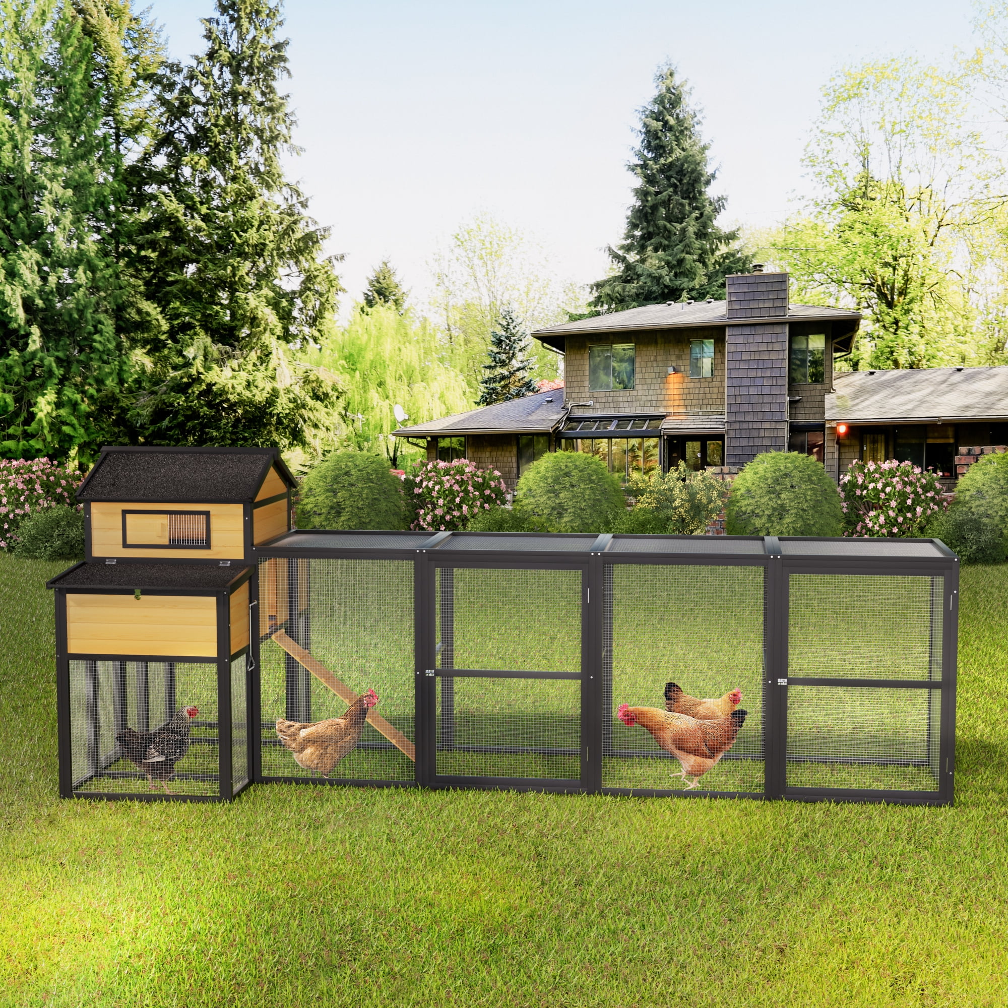 MAYEERTY 150" Black Large Wooden Chicken Coop with Run, Nesting Boxes Pull-Out Tray Sliding Door for 4-6 Chickens