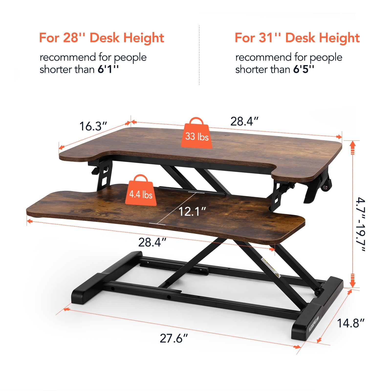 FitStand Home Office Height Adjustable Standing Desk Converter Special Walnut 28" U-Shape with Keyboard Tray MDF