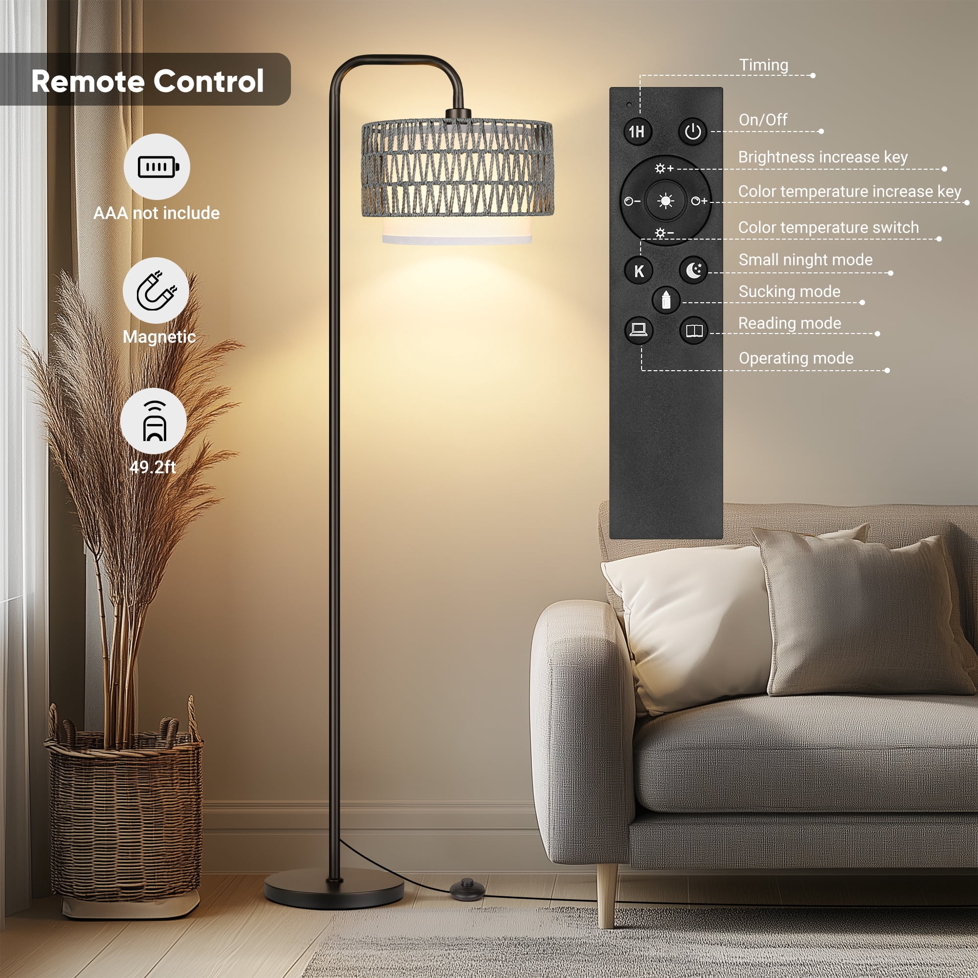 SparkGlowy 68‘’Floor Lamp for Living Room, Tall Standing Lamp with Remote 3 Color Temperatures Dimmable Bulb, Gray Rattan and Fabric Dual Shades