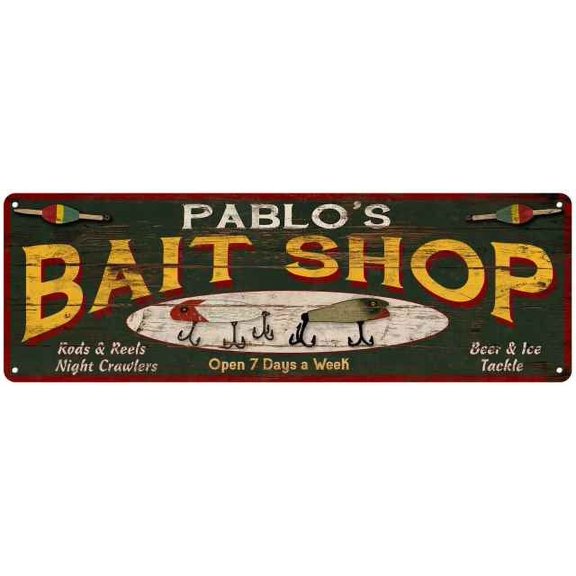PABLO'S Bait Shop Sign Wood Look Man Cave Den Gift 6x18 Metal 206180024341