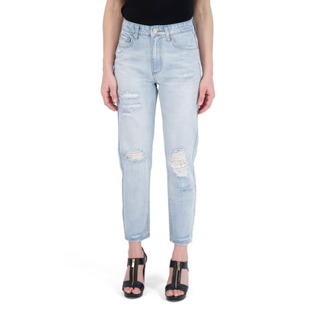 Gogo Jeans Juniors' High Waisted Destructed Cinched Relaxed Mom Jean