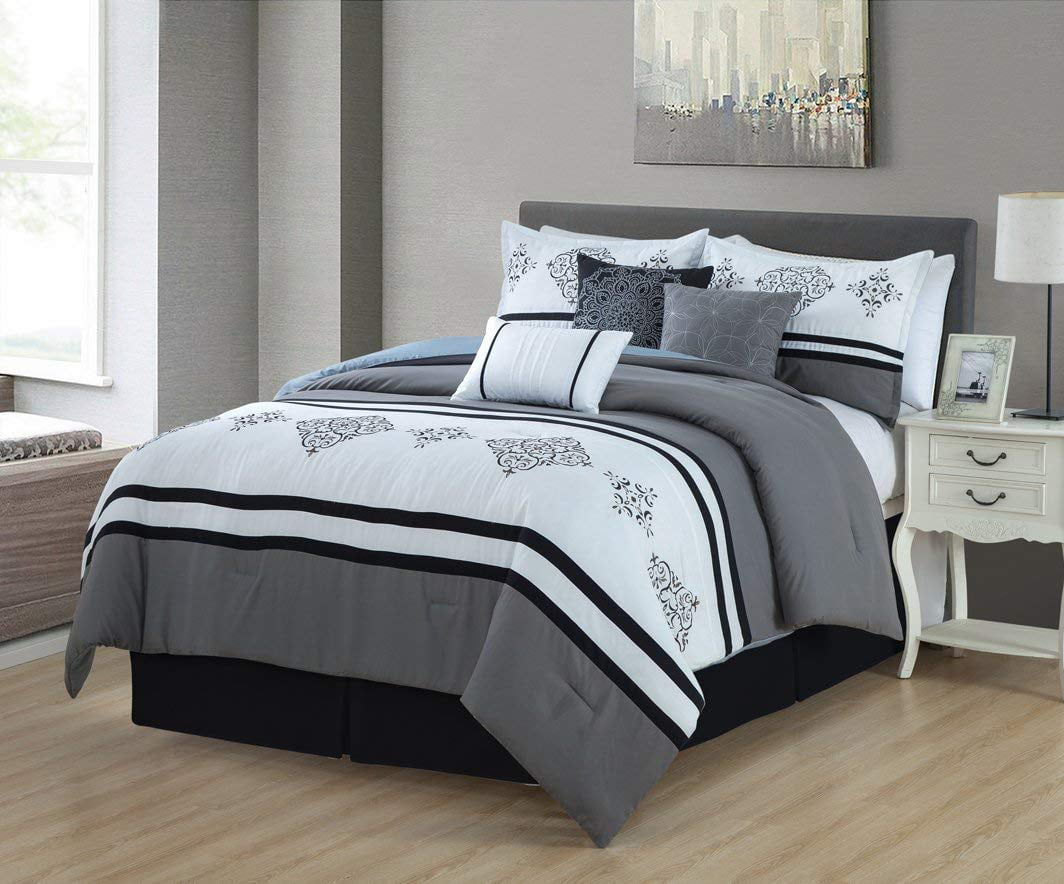 RYNGHIPY 7Pcs Grey Tufted Comforter Bedding Set Queen Size Embroidery Geometric Comforter Sets for Men and Women Soft and Durable Bedding Set for All Seasons
