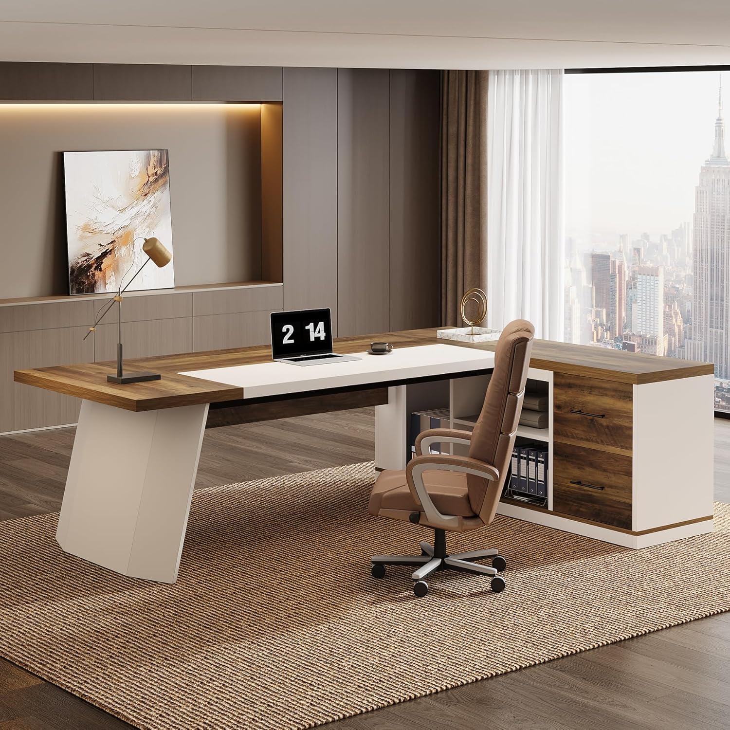 Finmind 78.7" L-Shaped Executive Desk, Modern Office Computer Desk with 55" Storage Cabinet, Drawers & Shelves, Brown & White