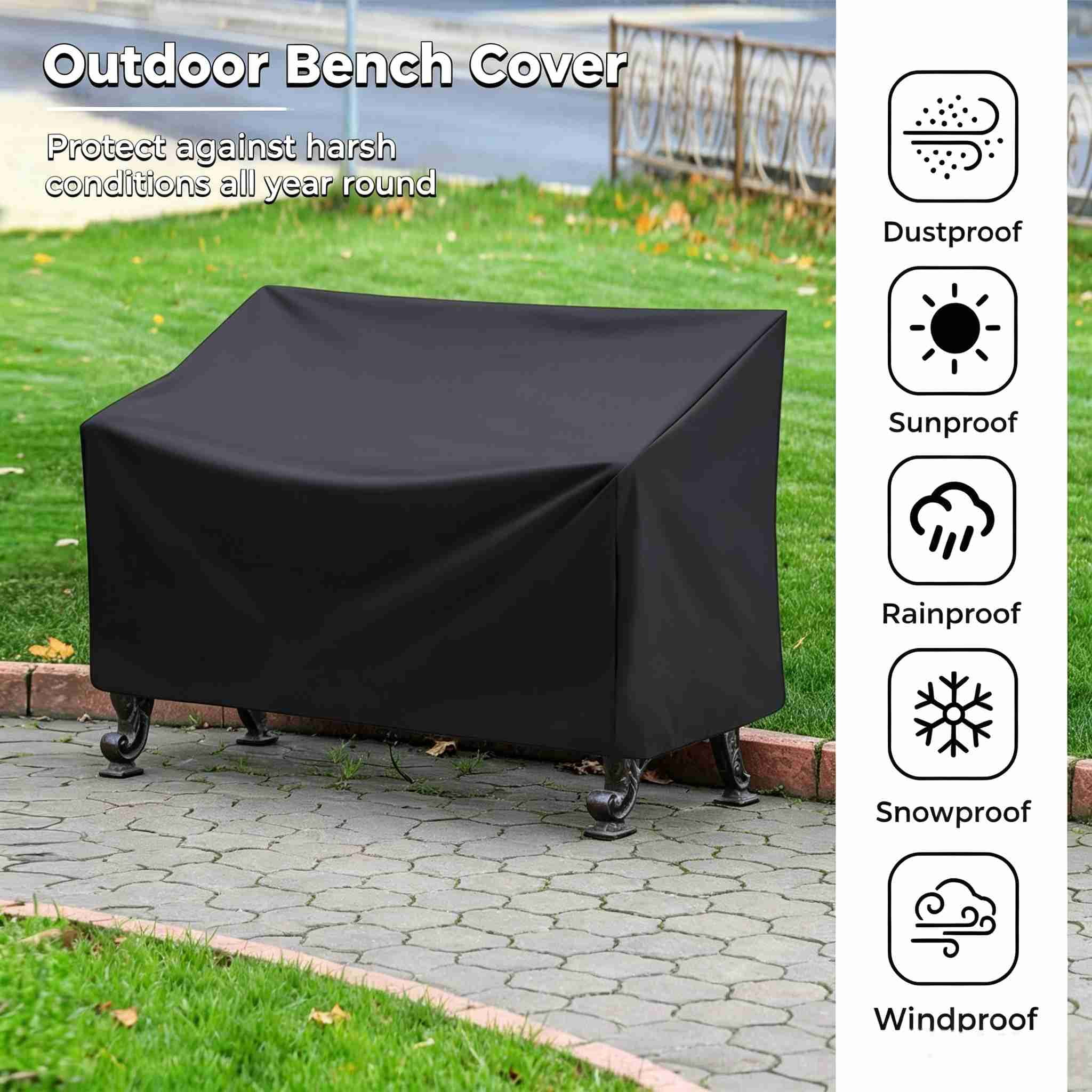 Outdoor Bench Cover, 52.7 x 26 x 35 inch Waterproof 2 Seater Patio Bench Cover Outdoor Patio Furniture Garden Sofa Chair Cover, Fit for 2-Seater Seating Metal & Hardwood Patio Garden Bench, Black