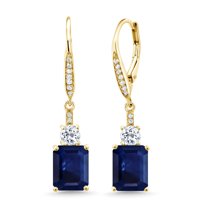 Gem Stone King 18K Yellow Gold Plated Silver Blue Sapphire Dangle Earrings for Women (5.78 Cttw, Gemstone September Birthstone, Octagon 9X7MM)
