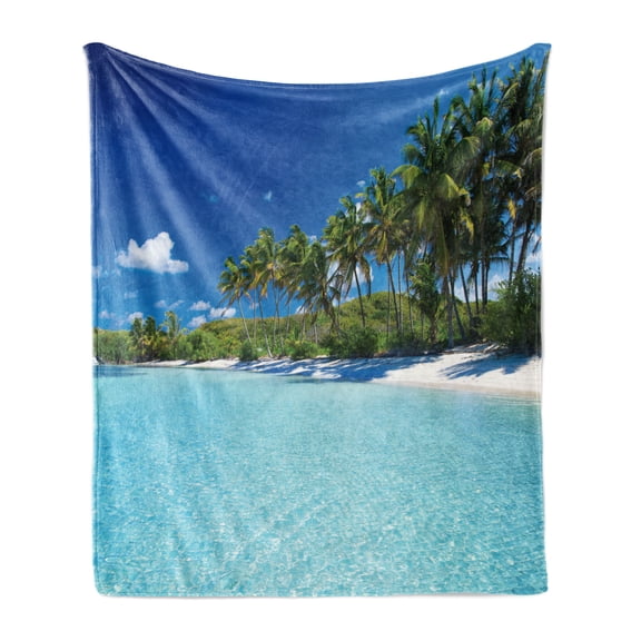 Ocean Soft Flannel Fleece Throw Blanket, Relaxing Beach Resort Spa Palm Trees and Sea Exotic Caribbean Coastline, Cozy Plush for Indoor and Outdoor Use, 50" x 70", Turquoise Blue Green, by Ambesonne