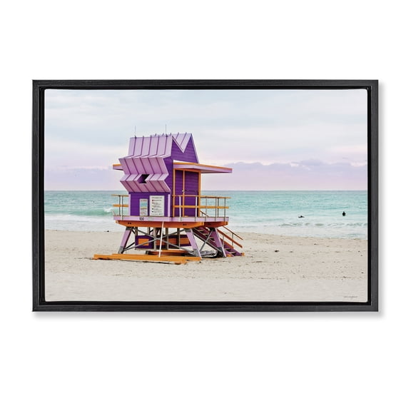 Stupell Industries Purple Lifeguard Building Landscape & Nature Photography Black Floater Framed Canvas Art Print Wall Art, 25 x 17