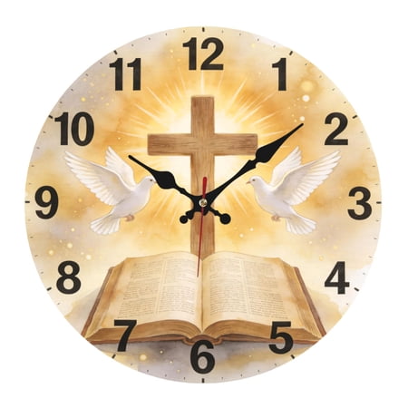 Cross Print Wall Clock Battery Operated 10 Inch Silent Non Ticking Design Country Rustic Retro Decorative for Bathroom Kitchen Living Room BedroomVintage Cross