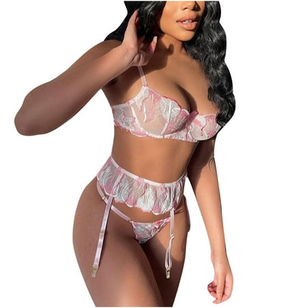

IROINNID Sexy Lingerie Set For Women V-Neck At Hip Lace Embroidery Wire Free Sexy Lingerie Three Piece Bikini Sets Thong